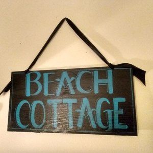 Black painted teal blue ribbon home decor wood wooden sign Beach Cottage